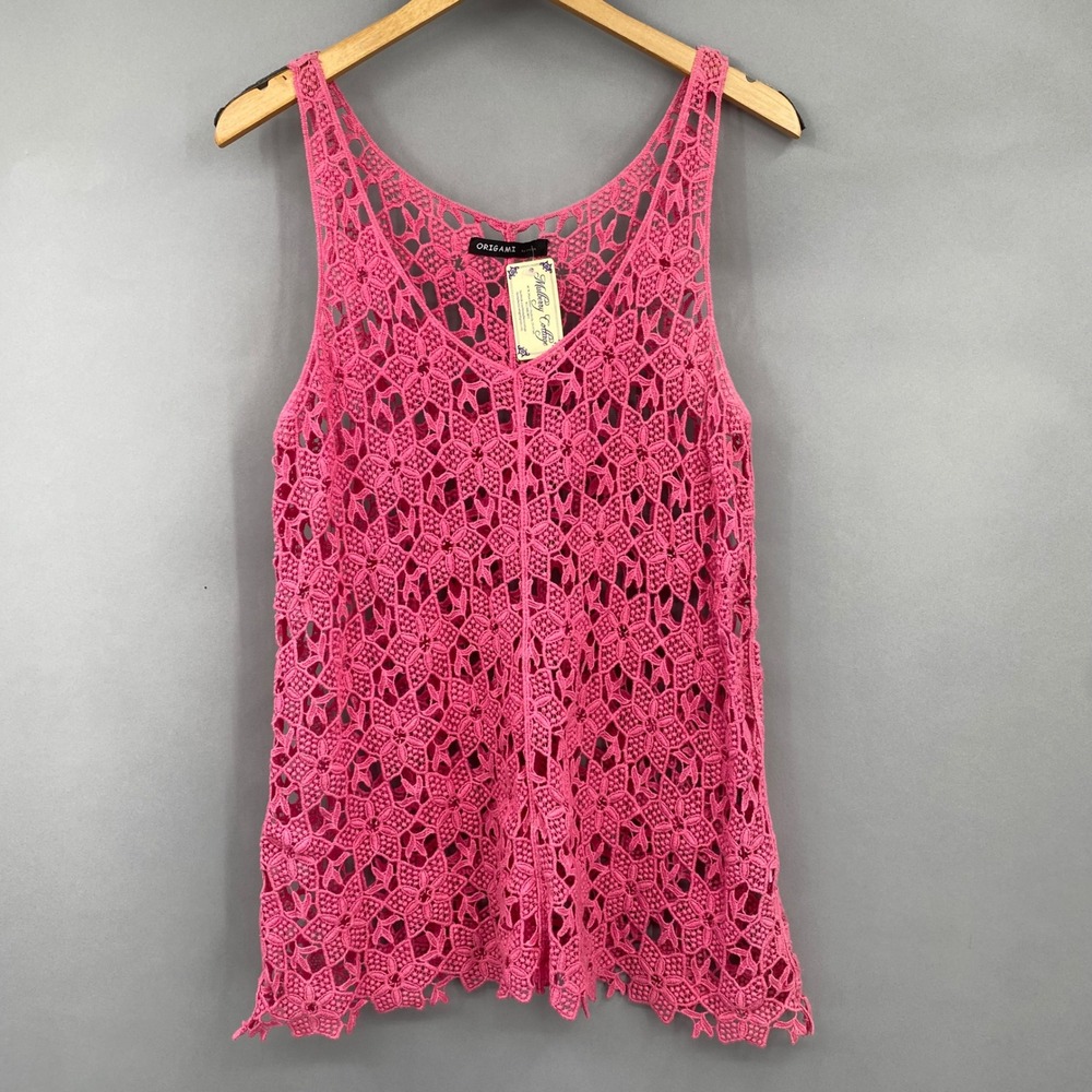 Origami by Vivian Pink Crochet Lace Tank Top Floral Cotton One Size NWT